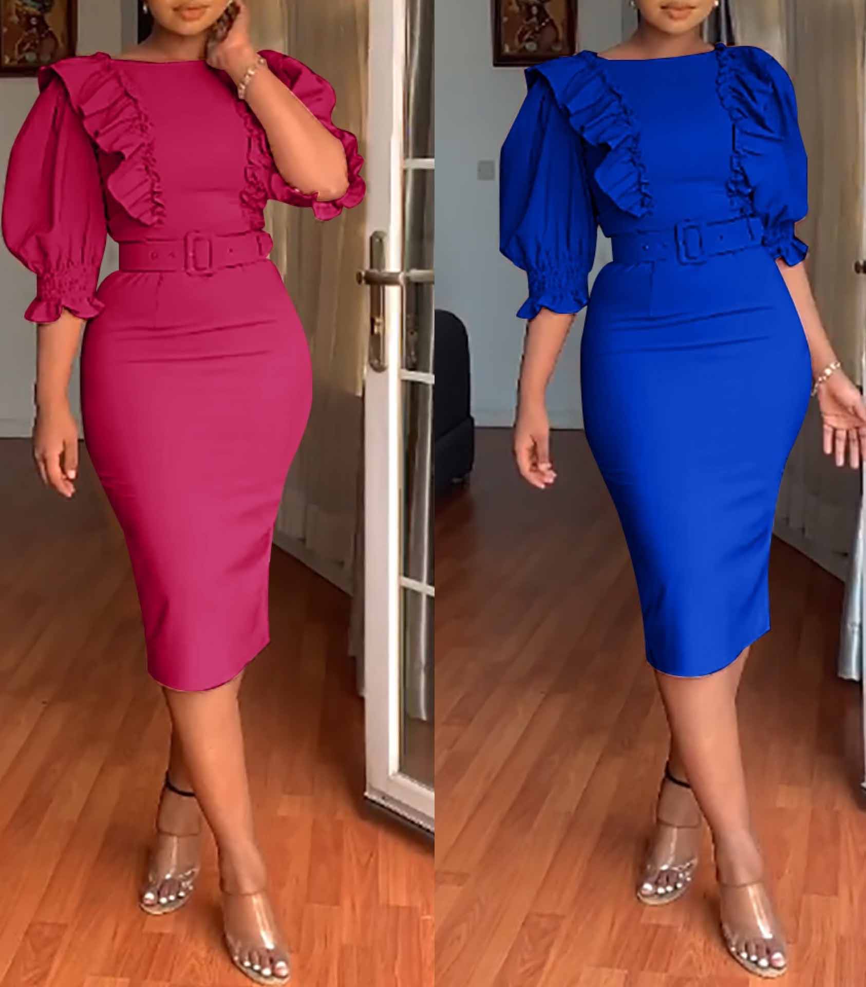 Plus Size African Women Ruffles Short Sleeve Bodycon Dress