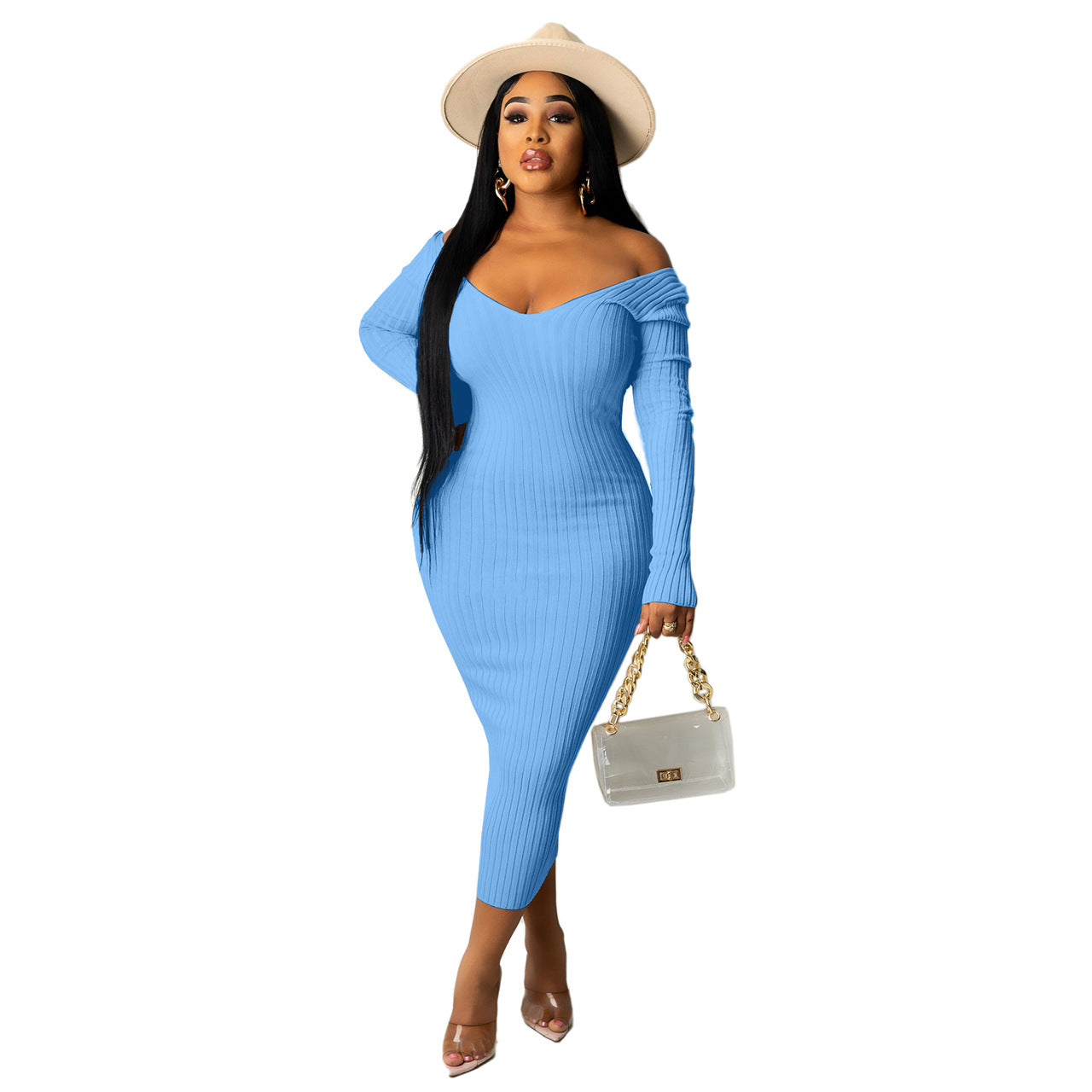 BamBam V-Neck Off-Shoulder Ribbed Slim Sexy Dress - BamBam Clothing