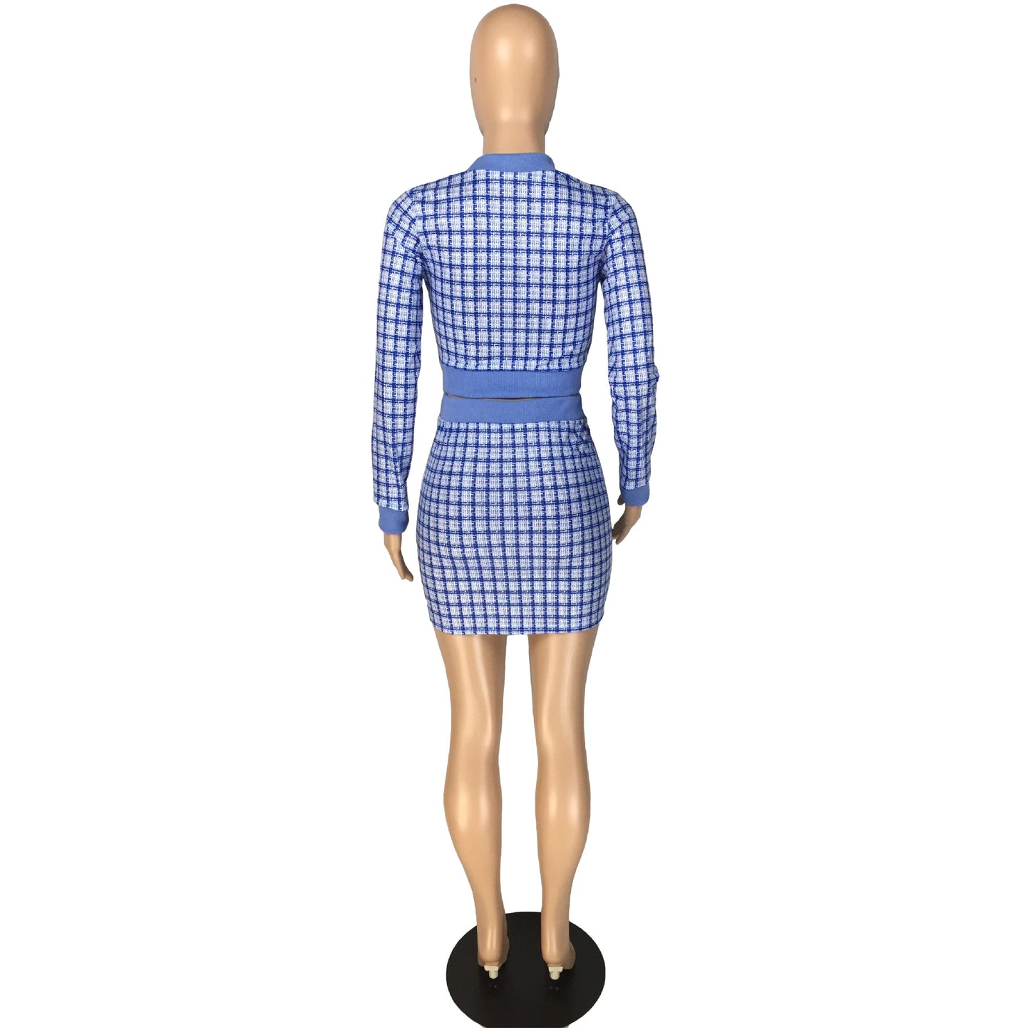 BamBam Women Plaid Ribbed Long Sleeve Top and Skirt Two-piece Set - BamBam