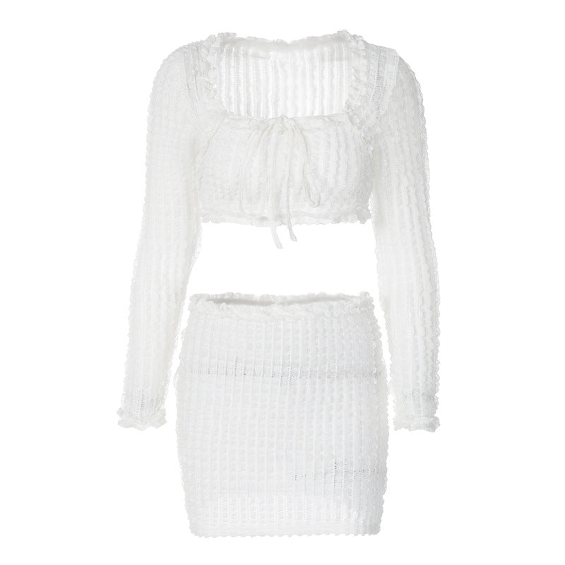 BamBam Women French Lace Square Neck Long Sleeve Crop Top and Sexy Mini Skirt Two-piece Set - BamBam