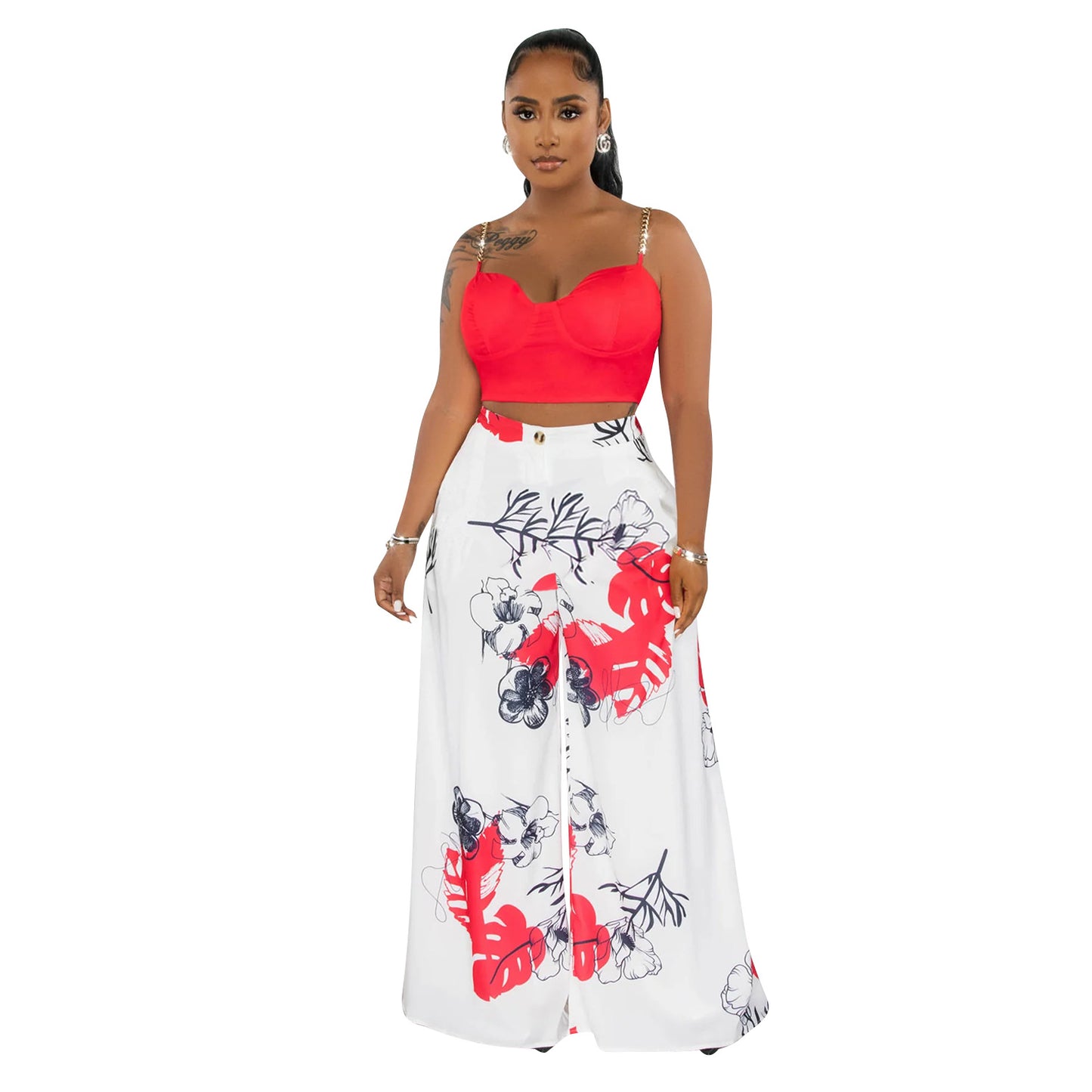 BamBam Women Sexy Sling Printed Wide Leg Pants Two-piece Set - BamBam