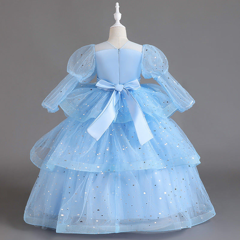 BamBam Girls' Dresses Children's Performance Clothes Flower Girl Wedding Tutu Skirt Long-Sleeved Princess Dress - BamBam