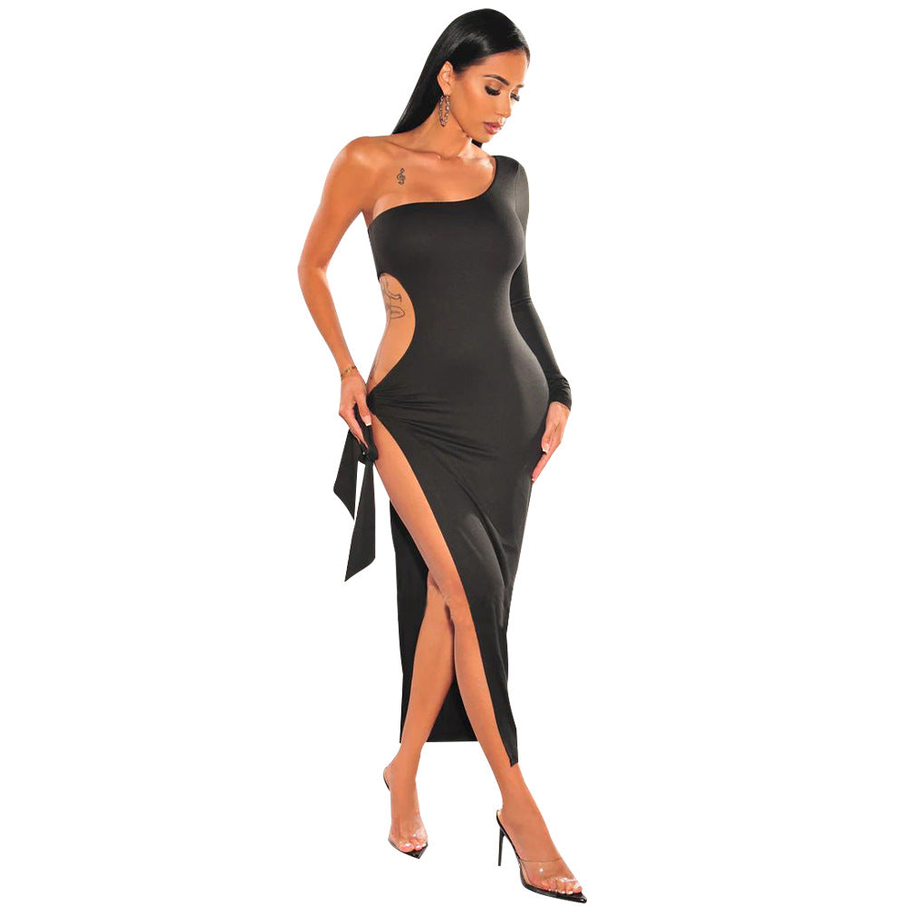 BamBam Fall Women Sexy Oblique One Shoulder Cutout Long Sleeve Lace-Up Dress - BamBam Clothing Clothing