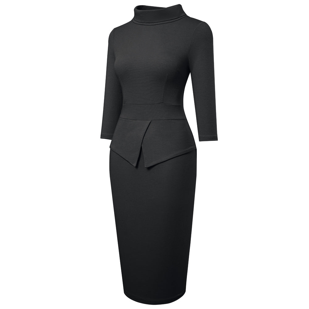 BamBam Chic Women's Mid Waist Patchwork Solid Color Half Turtleneck Bodycon Work Dress - BamBam