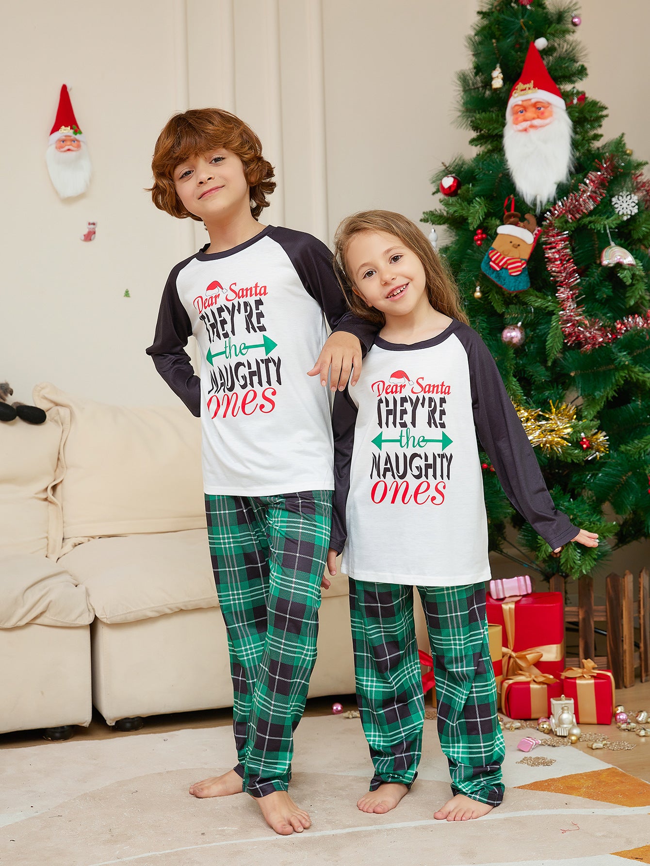 BamBam Christmas Family Wear Letter Green Plaid Print Home Clothes Pajama Two-piece Set - BamBam