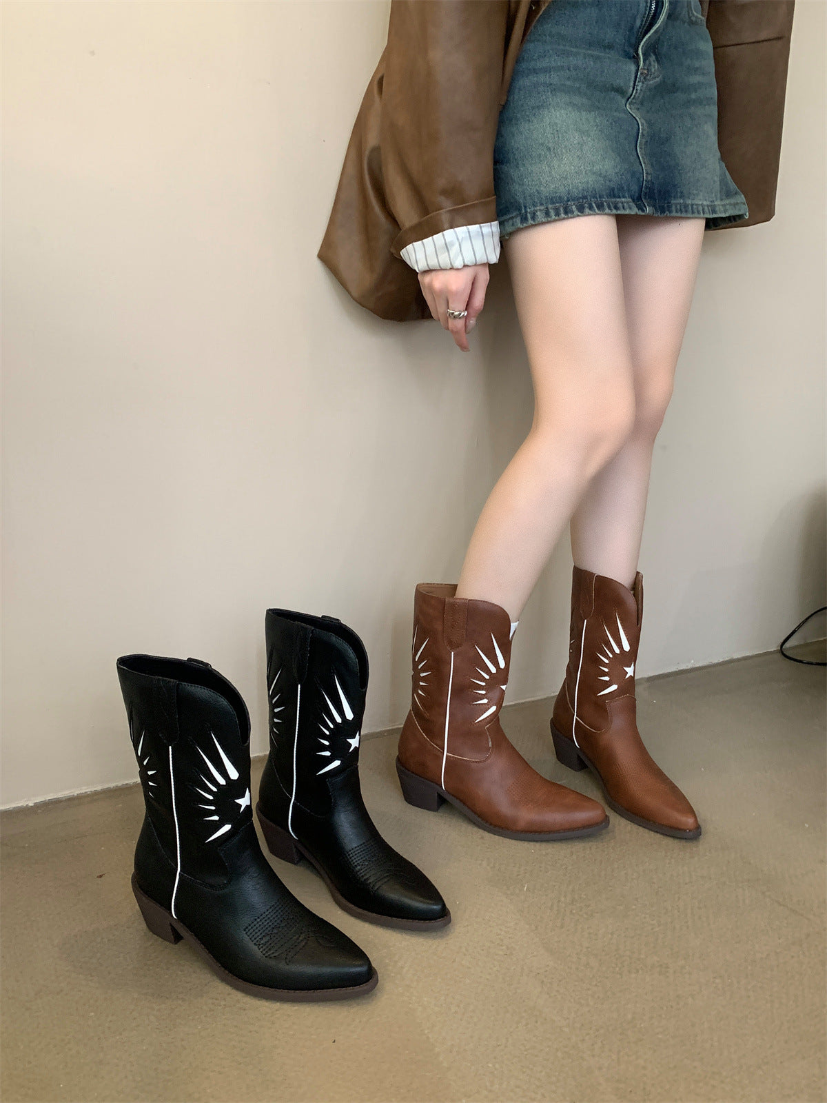 BamBam Brown Embroidered Pointed Toe Thick Heel Western Boots For Women Autumn And Winter Slim Fit Martin Boots - BamBam