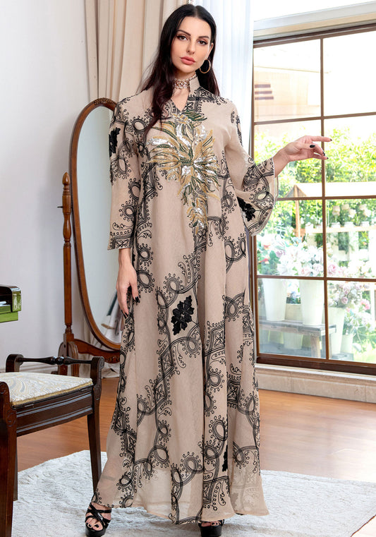 Women Spring Printed Embroidery Islamic Clothing Kaftan Abaya Muslim Dress