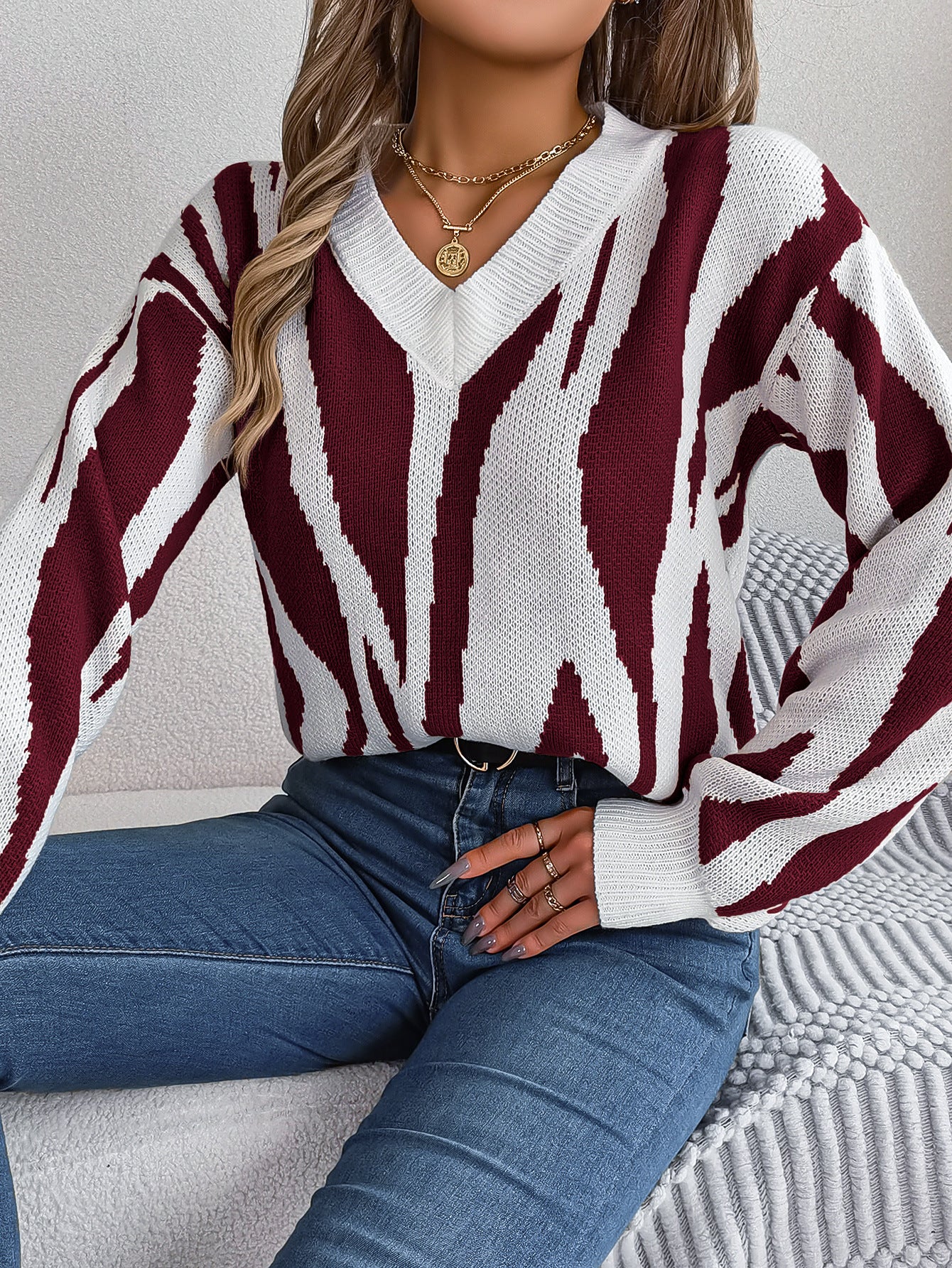 BamBam Autumn And Winter Casual V-Neck Contrast Color Long Sleeve Pullover Basic Sweater Women's Clothing - BamBam
