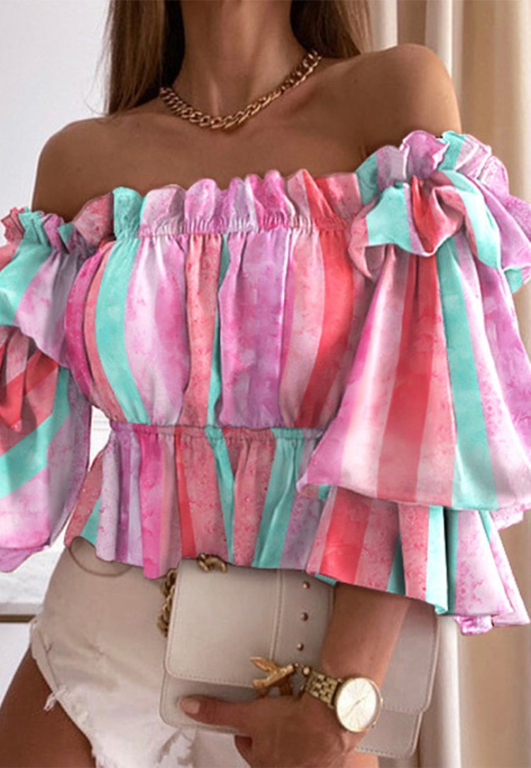 Autumn Casual Tie Dye Pink Strapless Peplum Crop Top