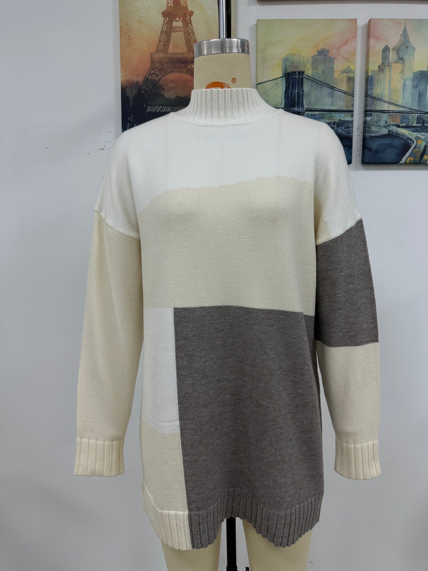 BamBam Plus Size Women Colorblock Round Neck Knitting Sweater Dress - BamBam