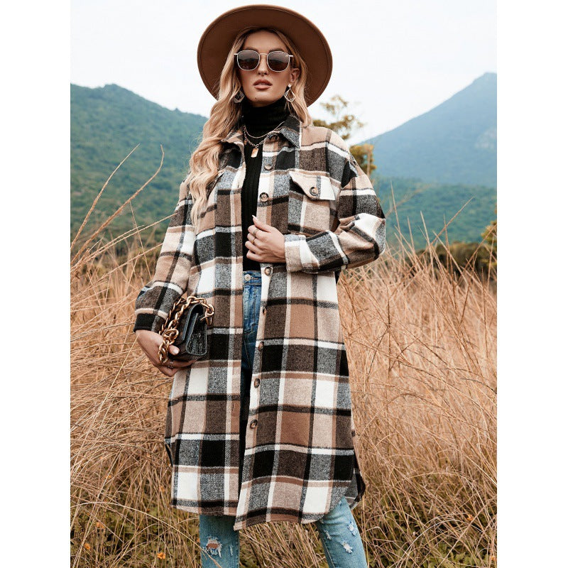 BamBam Autumn And Winter Chic Windbreaker Coat Side Slit Turndown Collar Loose Plaid Shirt Jacket - BamBam Clothing