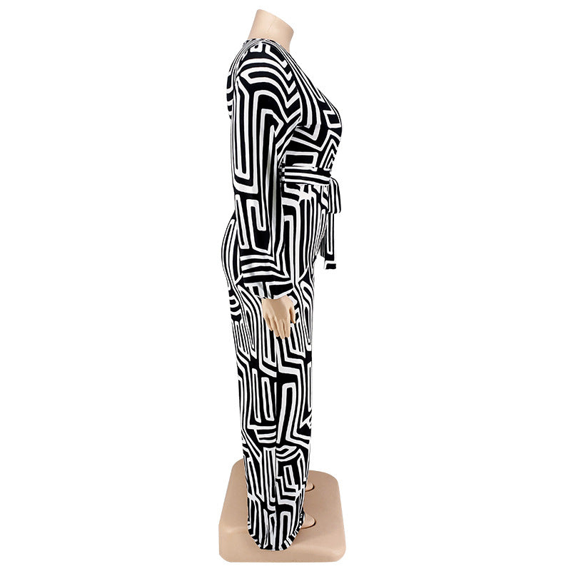 BamBam Plus Size Women'S Print Long Sleeve Wrap Wide Leg Jumpsuit - BamBam Clothing