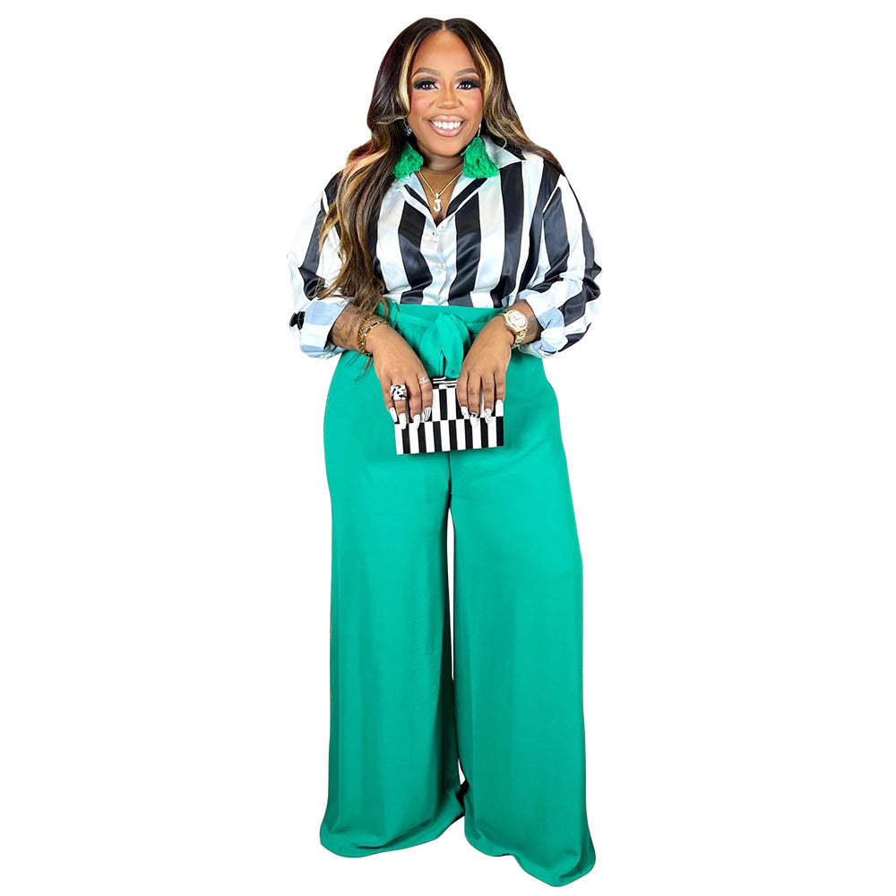 BamBam Plus Size Women's Printed Shirt Elegant Wide Leg Pants Fashion Casual Suit - BamBam