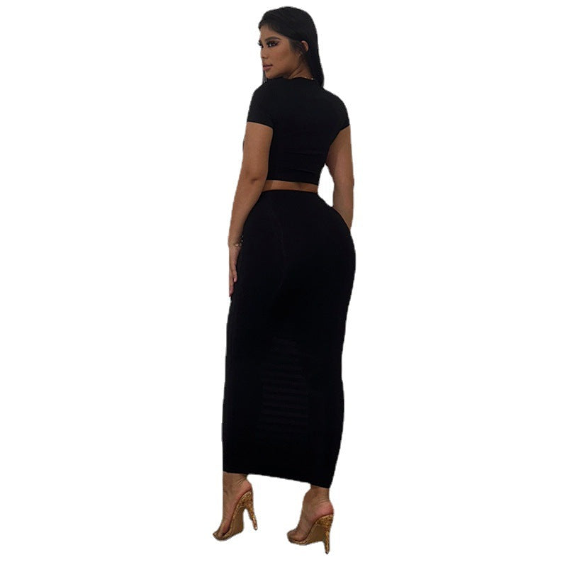 BamBam retro print Ripped hollow Round Neck pullover short t-shirt + Tight Fitting high waist long skirt two-piece set - BamBam