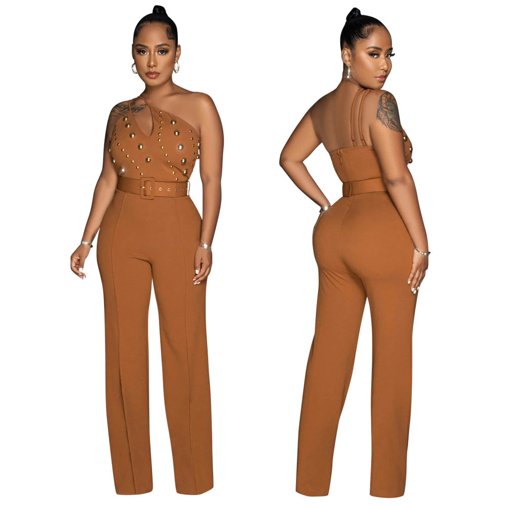BamBam Women's Style Fashionable Solid Color Jumpsuit Slim One Shoulder One Piece Wide Leg Pants - BamBam Clothing