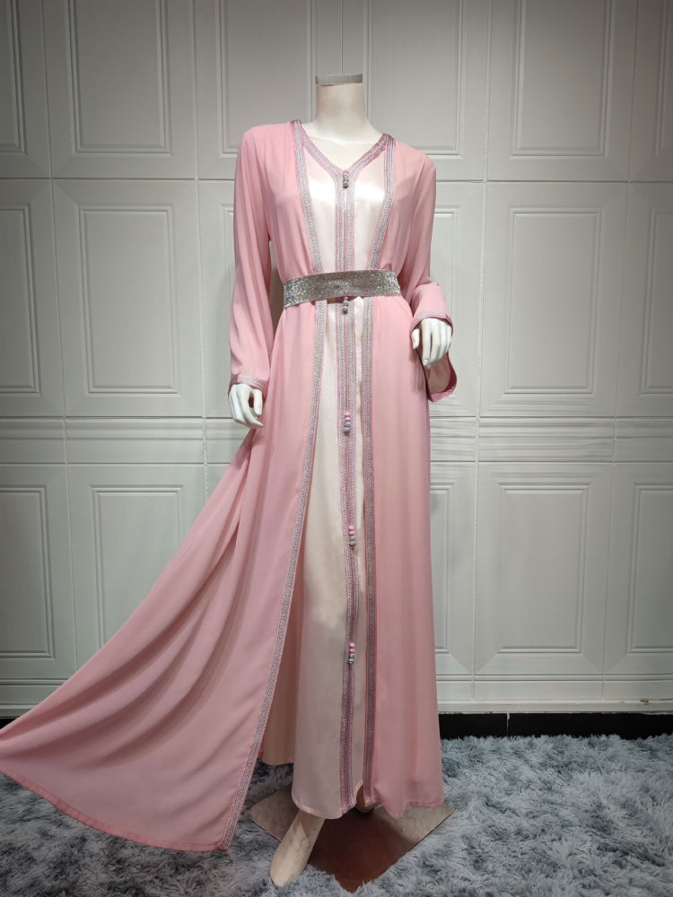 BamBam Women Spring Pink Tape Belted Islamic Clothing Kaftan Abaya Muslim Dress two piece set - BamBam