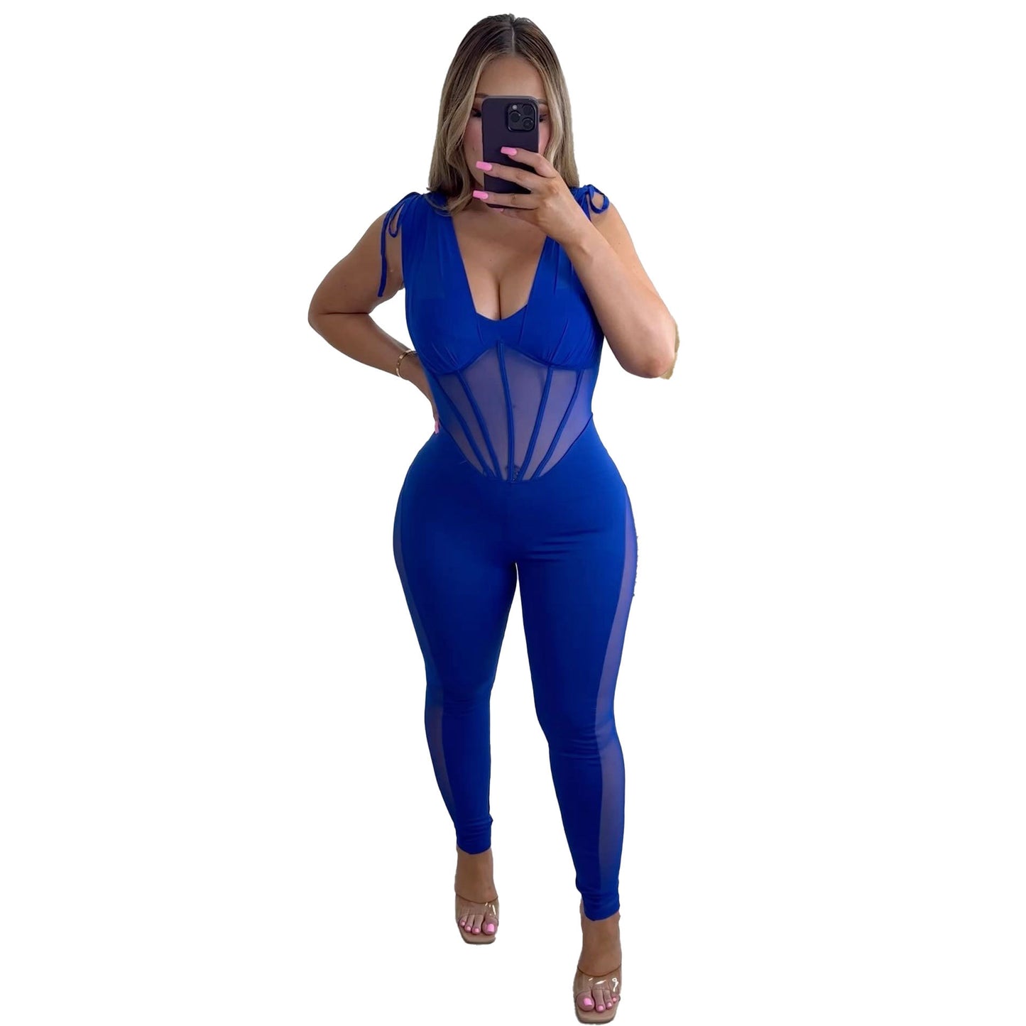 BamBam Sexy Solid See-Through Stretch Tight Fitting Bodycon Jumpsuit - BamBam Clothing