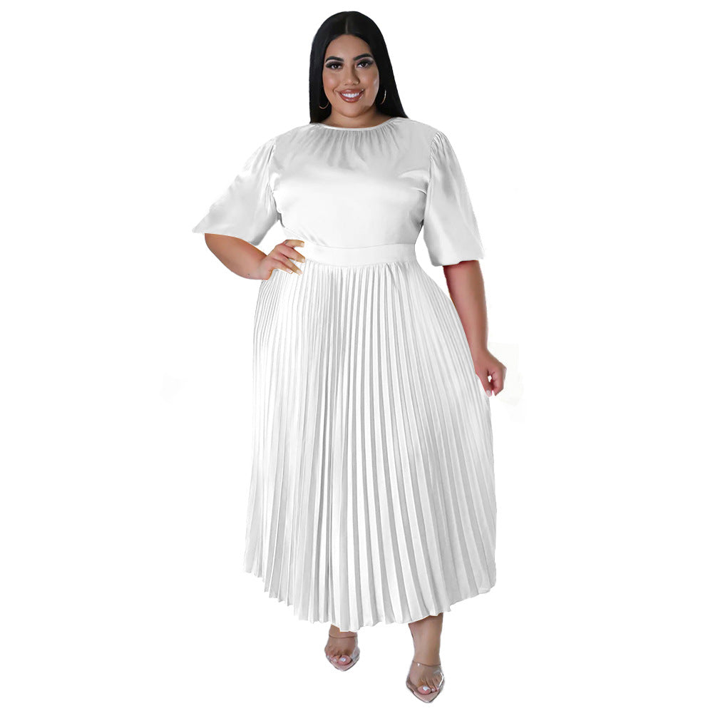 BamBam Plus Size Women's Fall Winter Pleated Round Neck Long Dress Short Sleeves - BamBam