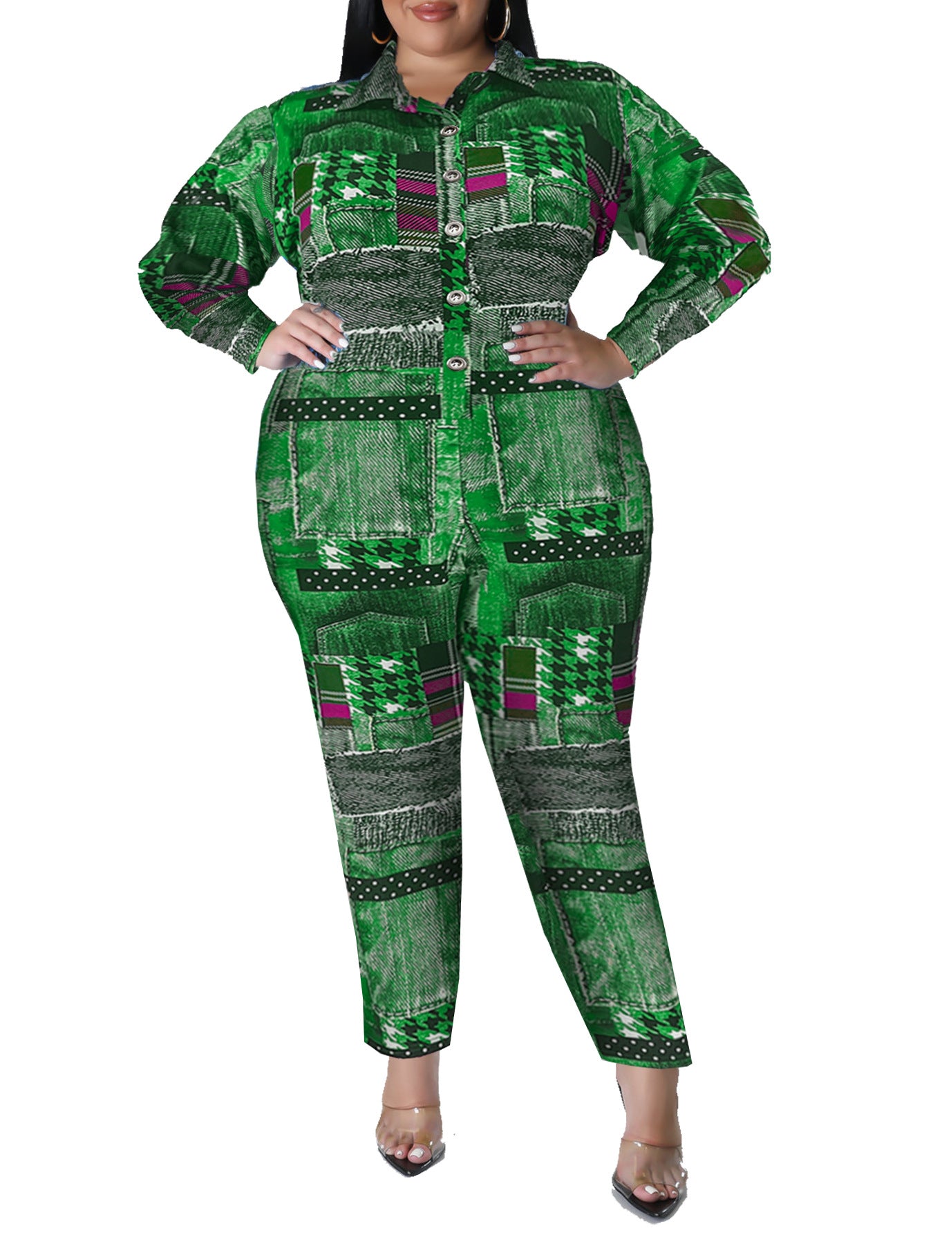 BamBam Plus Size Women's Fall Print Long Sleeve Jumpsuit - BamBam Clothing