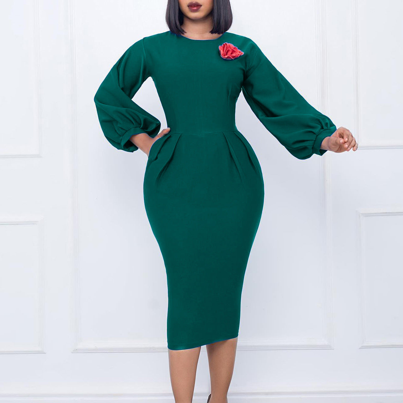 BamBam Women's Fall Winter Solid Color Bodycon Pro Ol Chic Plus Size African Dress - BamBam