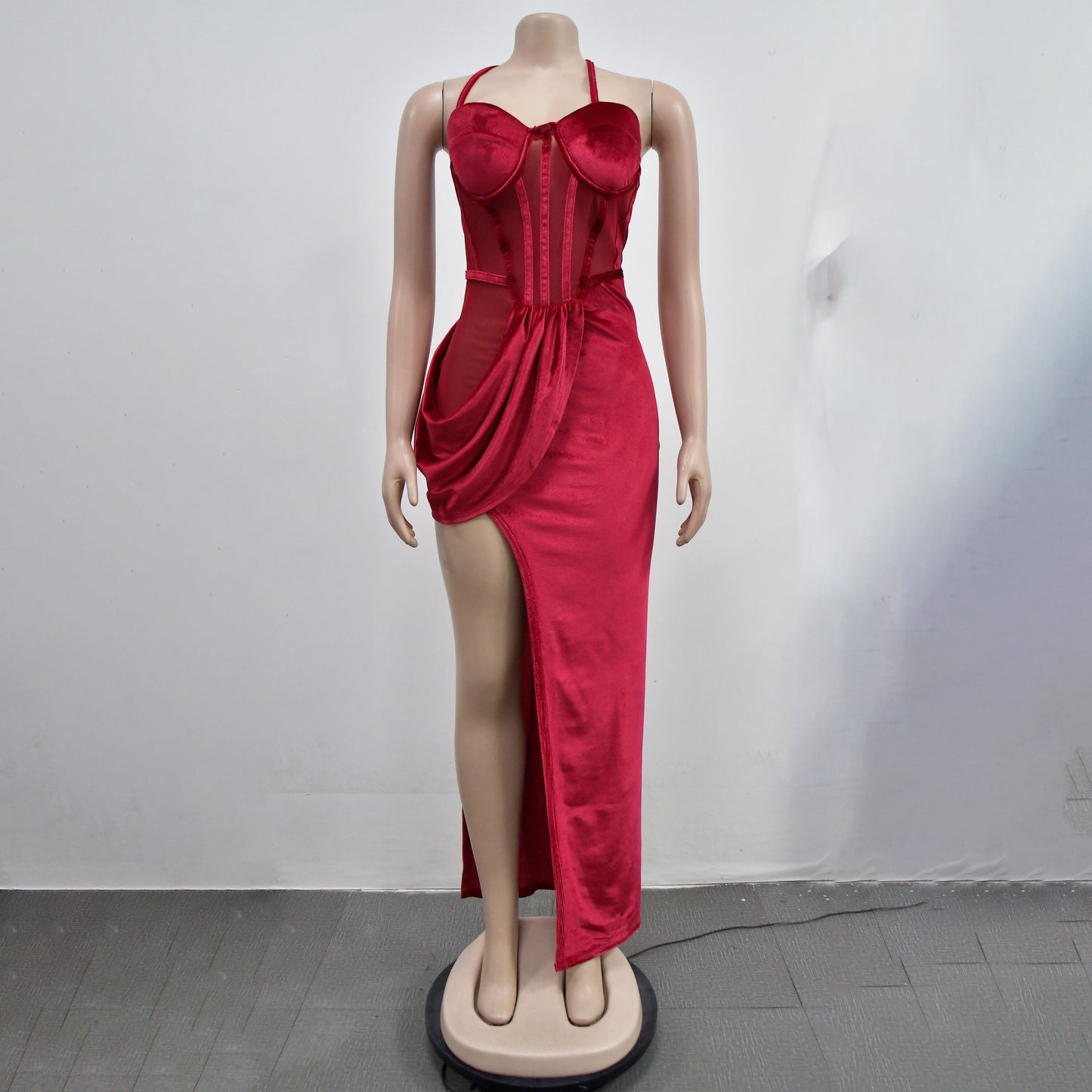 BamBam Fashion Women's Solid Color Mesh Straps Slit Long Dress - BamBam Clothing Clothing