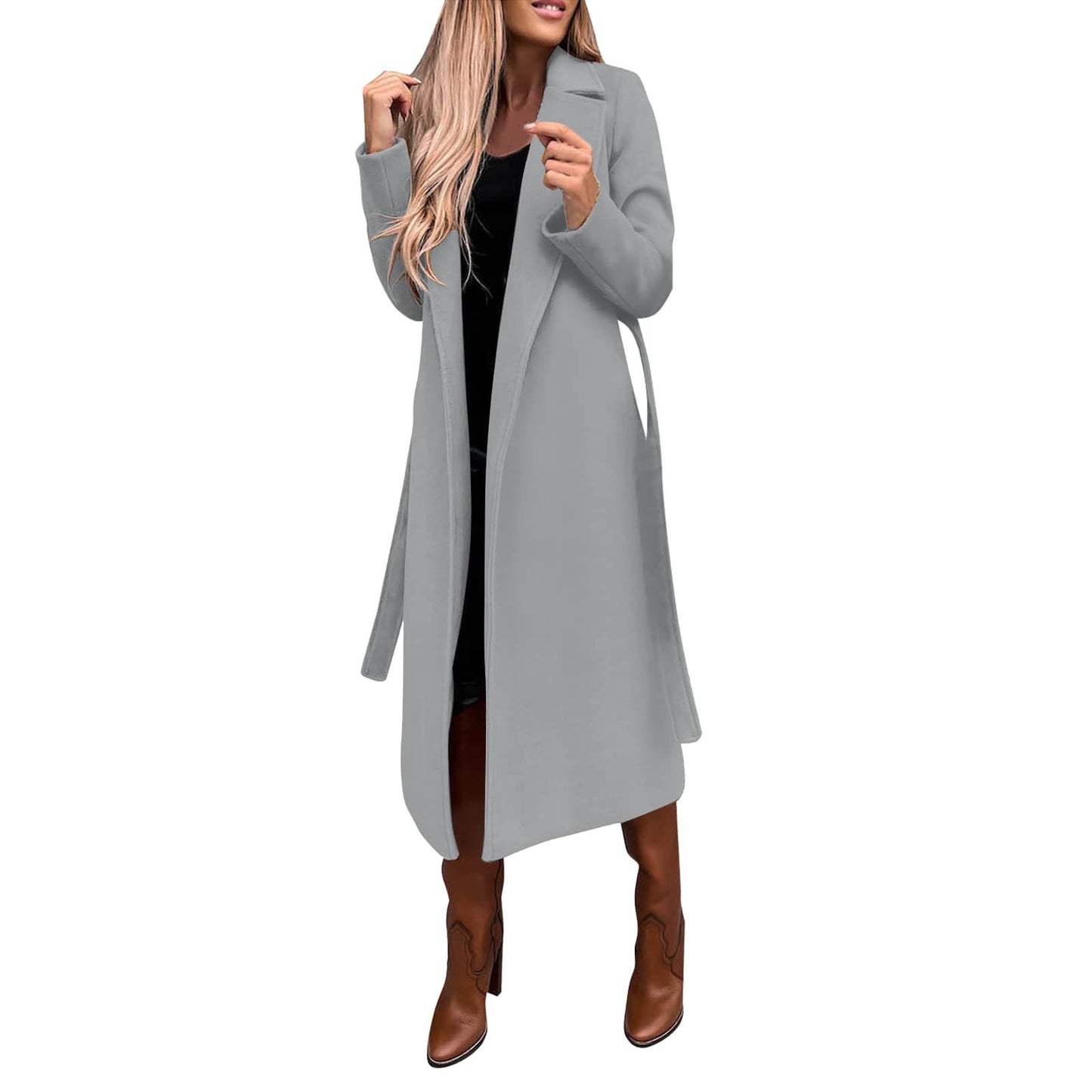 BamBam Women Solid Turndown Collar Long Sleeve Lace-Up Coat - BamBam