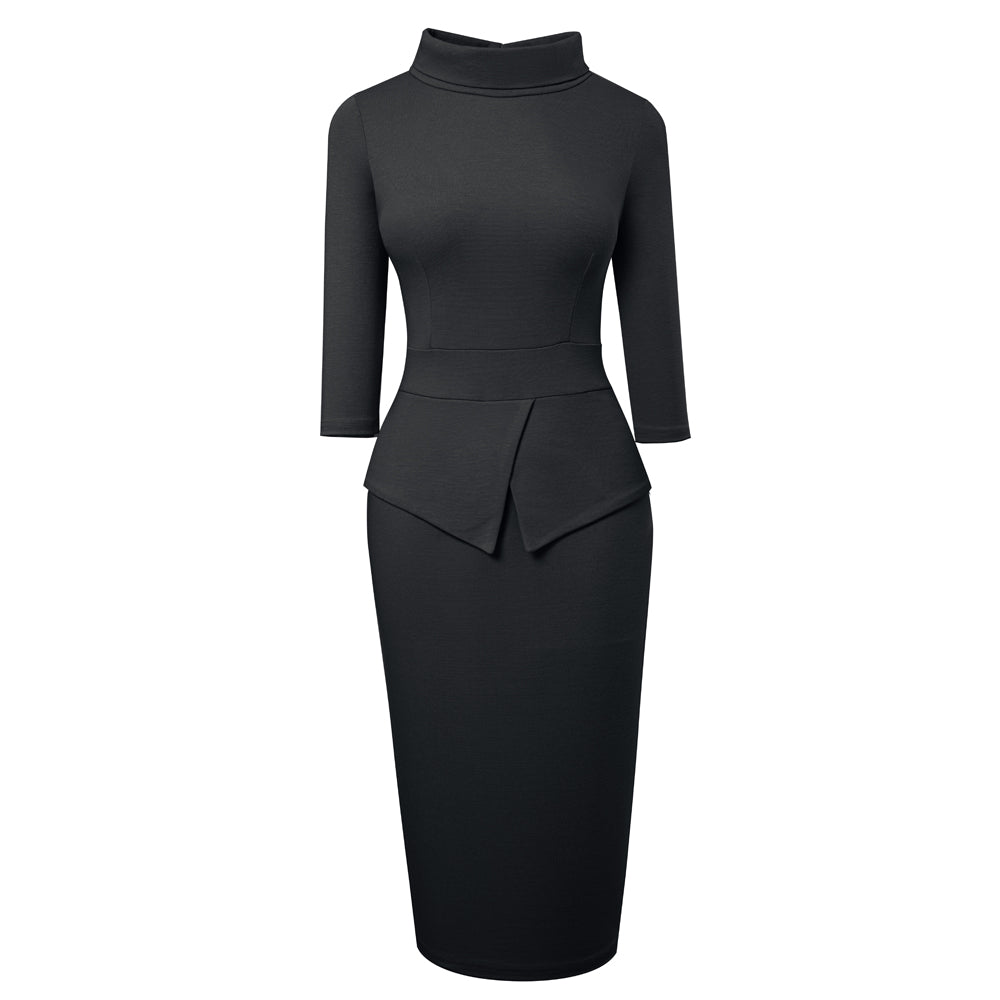 BamBam Chic Women's Mid Waist Patchwork Solid Color Half Turtleneck Bodycon Work Dress - BamBam