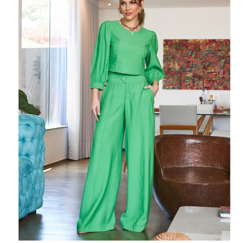 BamBam Women autumn long-sleeved Top and high-waisted wide-leg pants two-piece set - BamBam