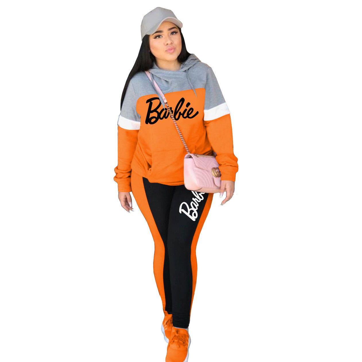 BamBam Letter Print Contrast Color Block Fall/Winter Fashion Casual Hooded Women's Two-Piece Tracksuit Set - BamBam