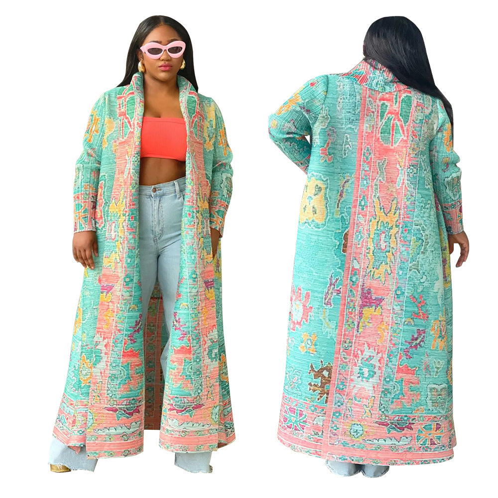 BamBam Pleated Printed Plus Size Windbreaker Long Coat For Women - BamBam
