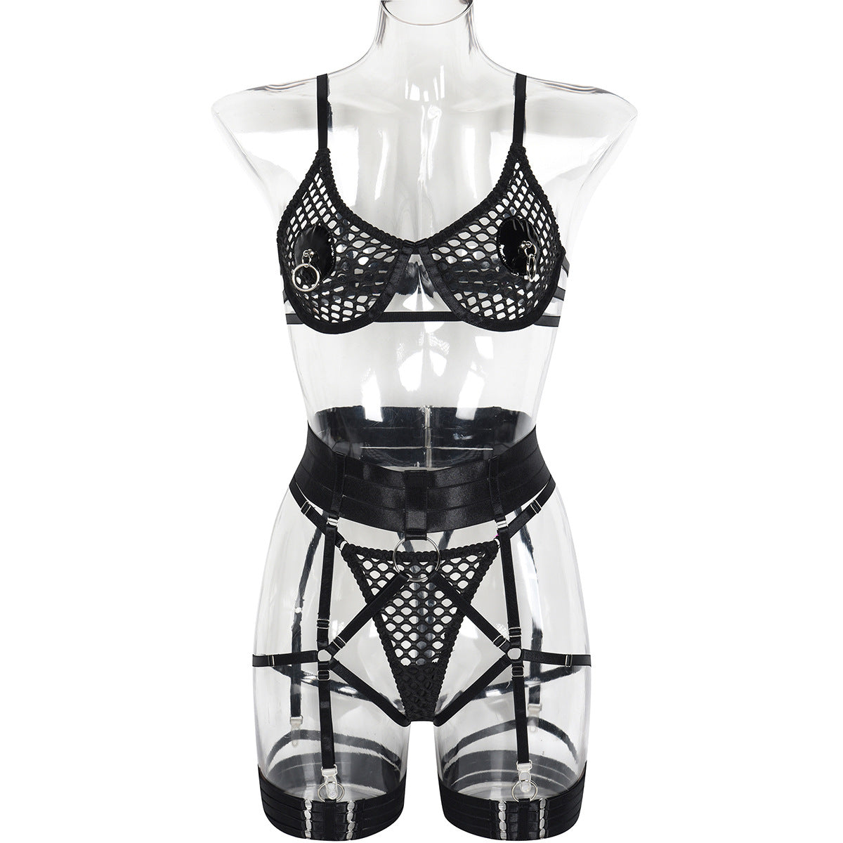 BamBam Fashionable Metal Hollow Mesh Sexy See-Through Garter Belt Five-Piece Lingerie Set - BamBam