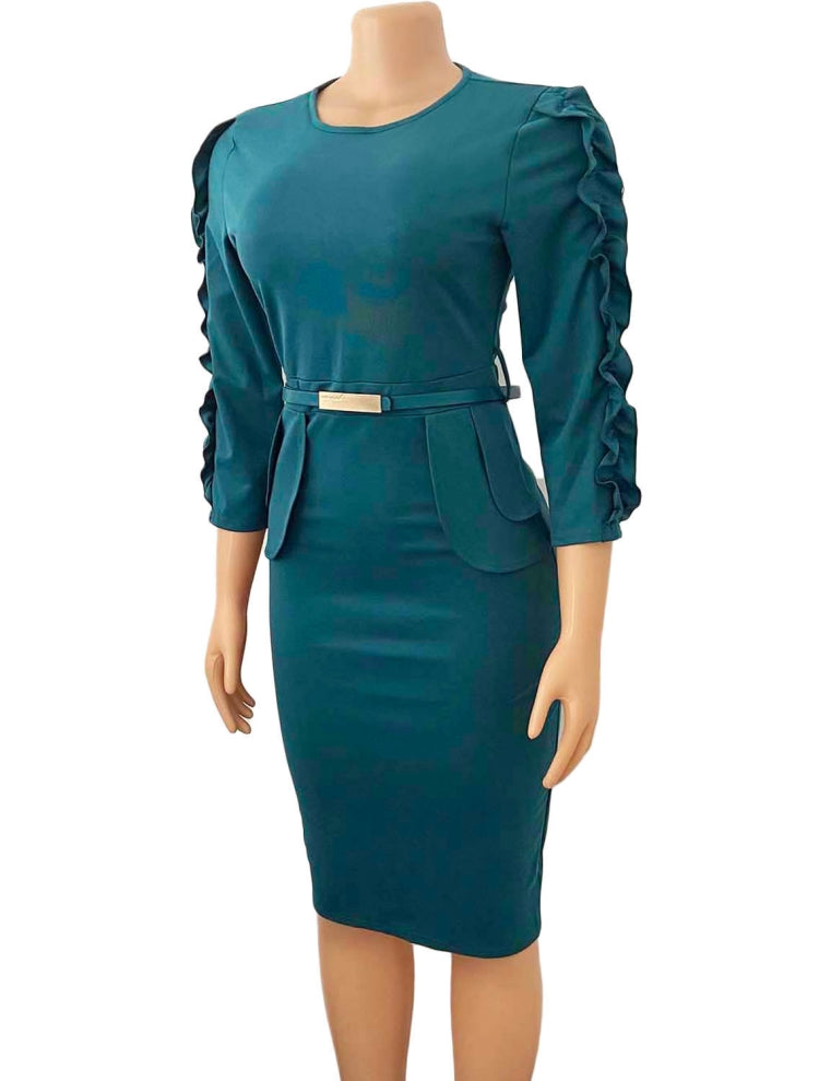 BamBam Spring African Acid Blue Round Neck Three Quarter Sleeve Ruffles With Belt Office Dress - BamBam