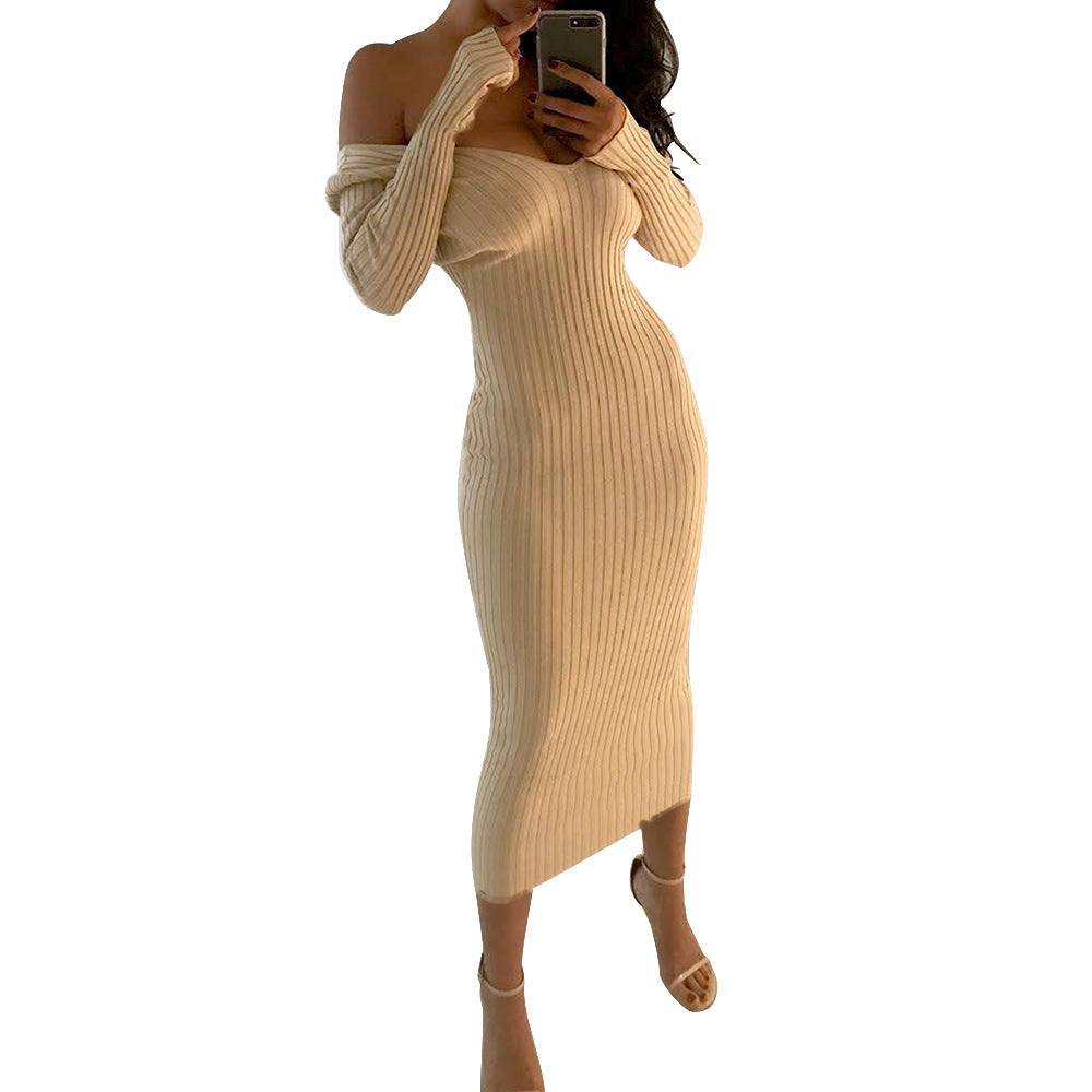 BamBam Women Sexy Off Shoulder V Neck Long Sleeve Dress - BamBam Clothing