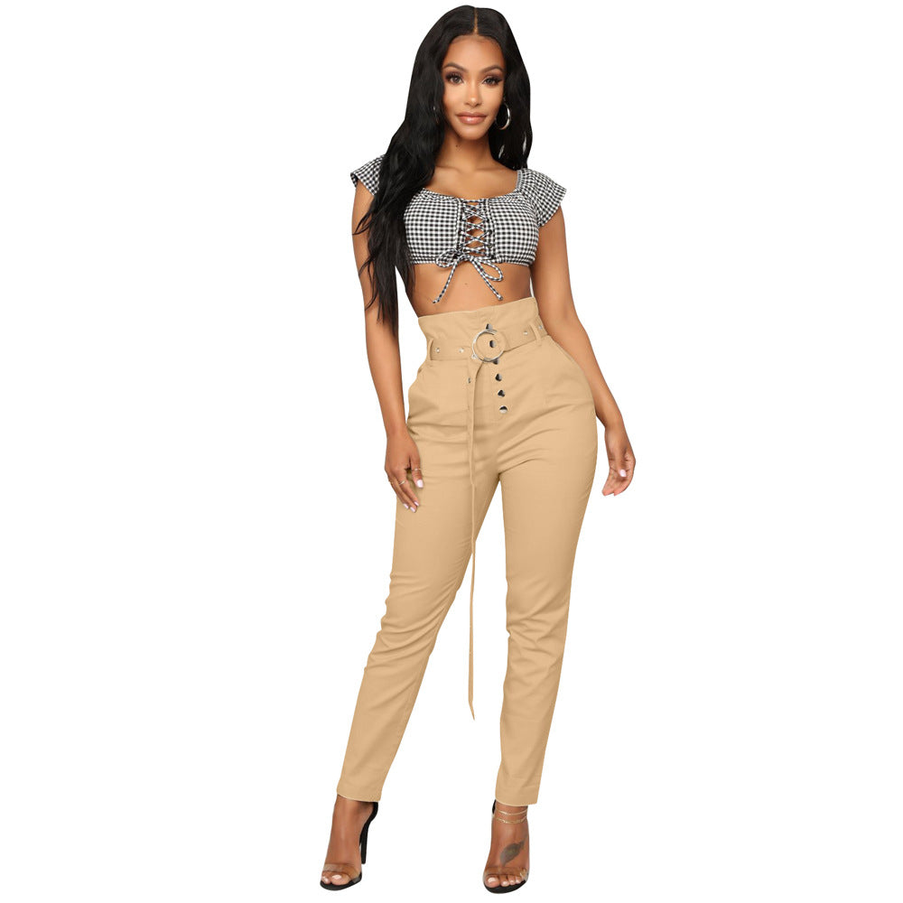 BamBam Women's Fitted Solid Color High Waist Pants With Belt - BamBam