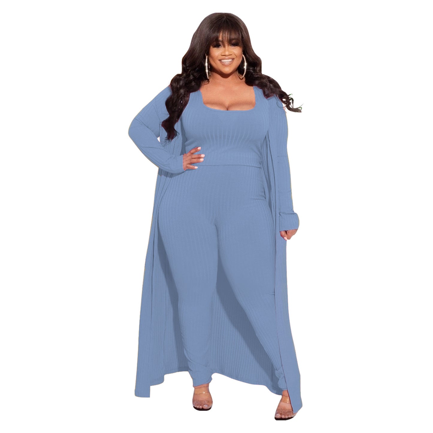 BamBam Autumn And Winter High Stretch Ribbed Three-Piece Plus Size Fashionable And Sexy Pants Set - BamBam