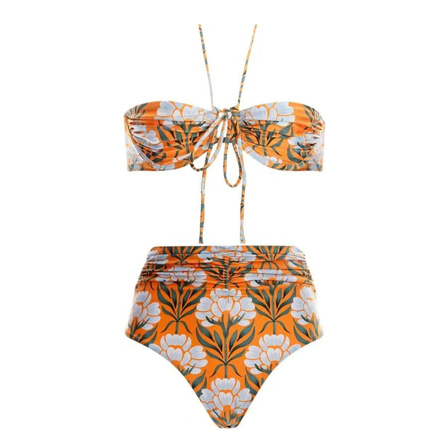 BamBam Women Print Halter Neck Lace-Up Bikini Mesh Skir Swimsuit Two Pieces - BamBam