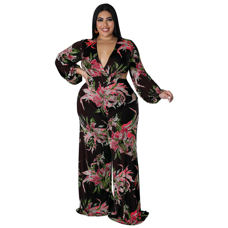 BamBam Plus Size Women's Big Flower Print Sexy Low Back Lace-Up Long Sleeve Jumpsuit - BamBam Clothing