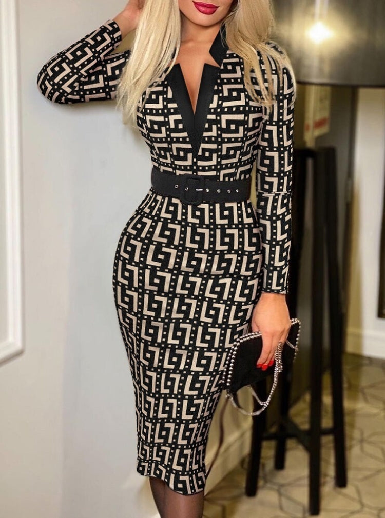 Spring Elegant Print V Neck Long Sleeve Midi Dress