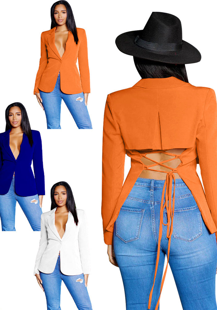 Fashion Women's Sexy V Neck Blazer Solid Color Long Sleeve Coat