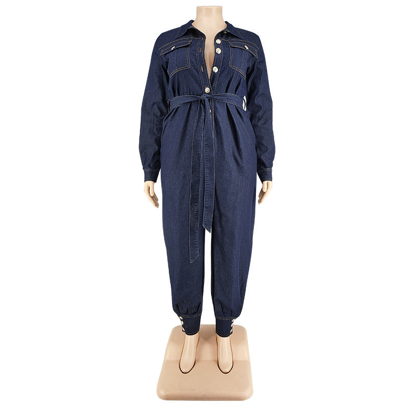 BamBam Fall Plus Size Women's Wash Denim Long Jumpsuit - BamBam Clothing