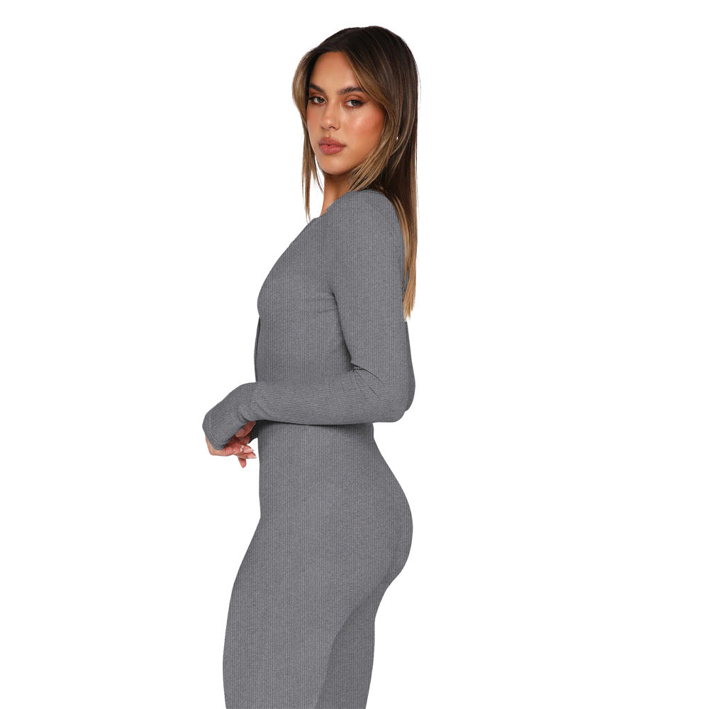 BamBam Women Fall Buttoned Half Open Collar knitting Ribbed Long Sleeve Jumpsuit - BamBam Clothing