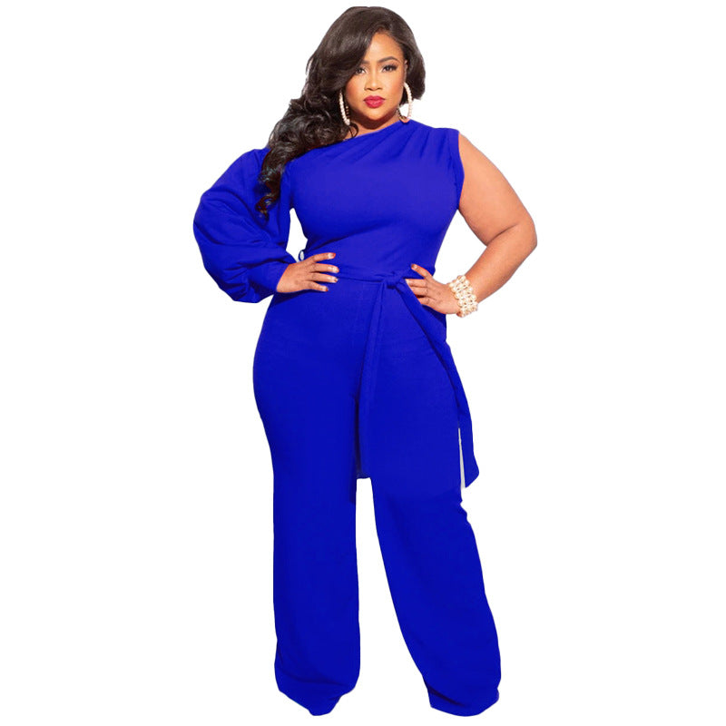 BamBam Fall Plus Size Women'S Slash Shoulder Single Sleeve Wide Leg Jumpsuit With Belt - BamBam Clothing