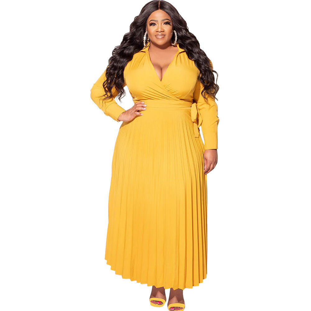 BamBam Plus Size Women V-Neck Tie Long Sleeve Pleated Skirt - BamBam