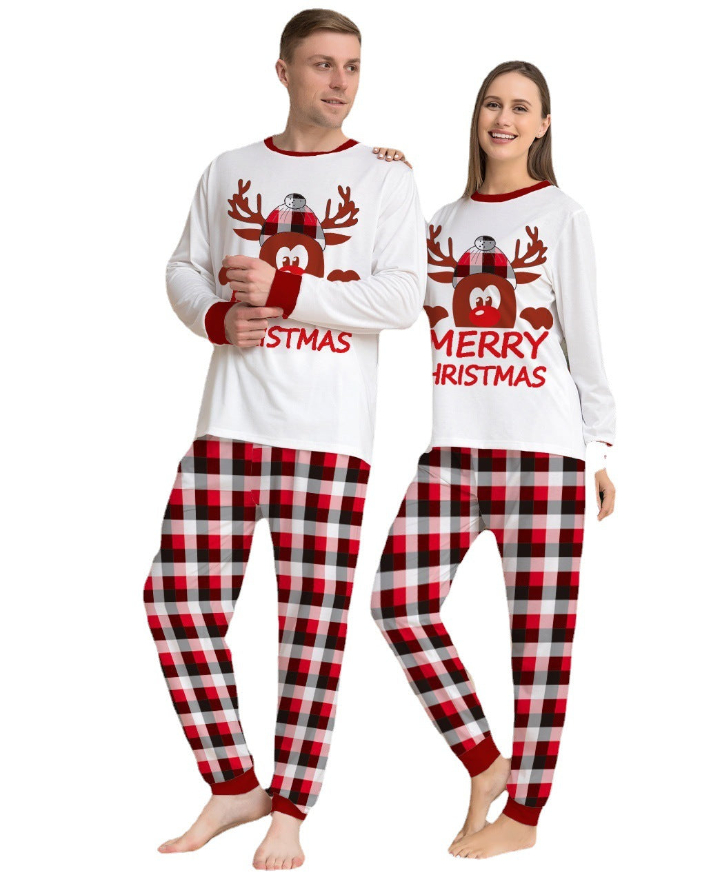 BamBam Deer Letter Printed Christmas Parent-Child Clothes Plaid Long Sleeve Home Clothes Two-Piece Pajamas Set - BamBam