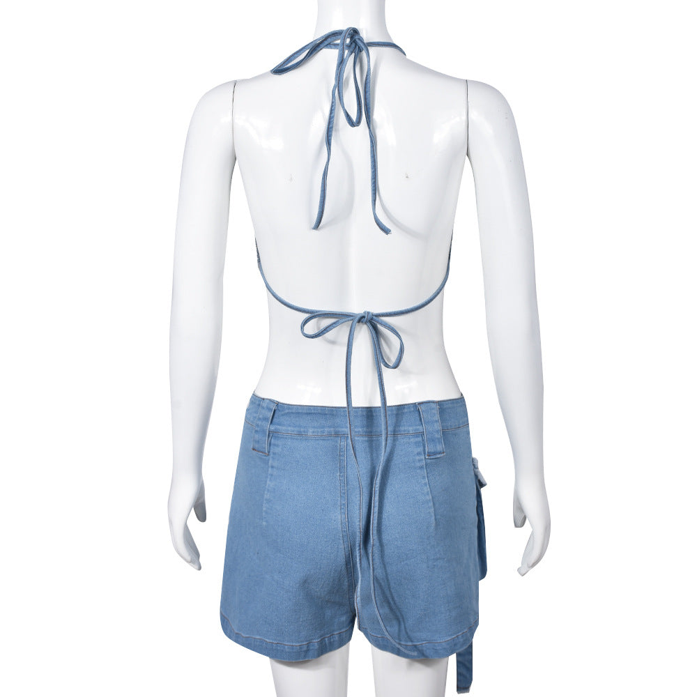 BamBam Women's Summer Sexy Fashion Cargo Pocket Shorts Wrapped Denim Bra Top Two Piece Set - BamBam