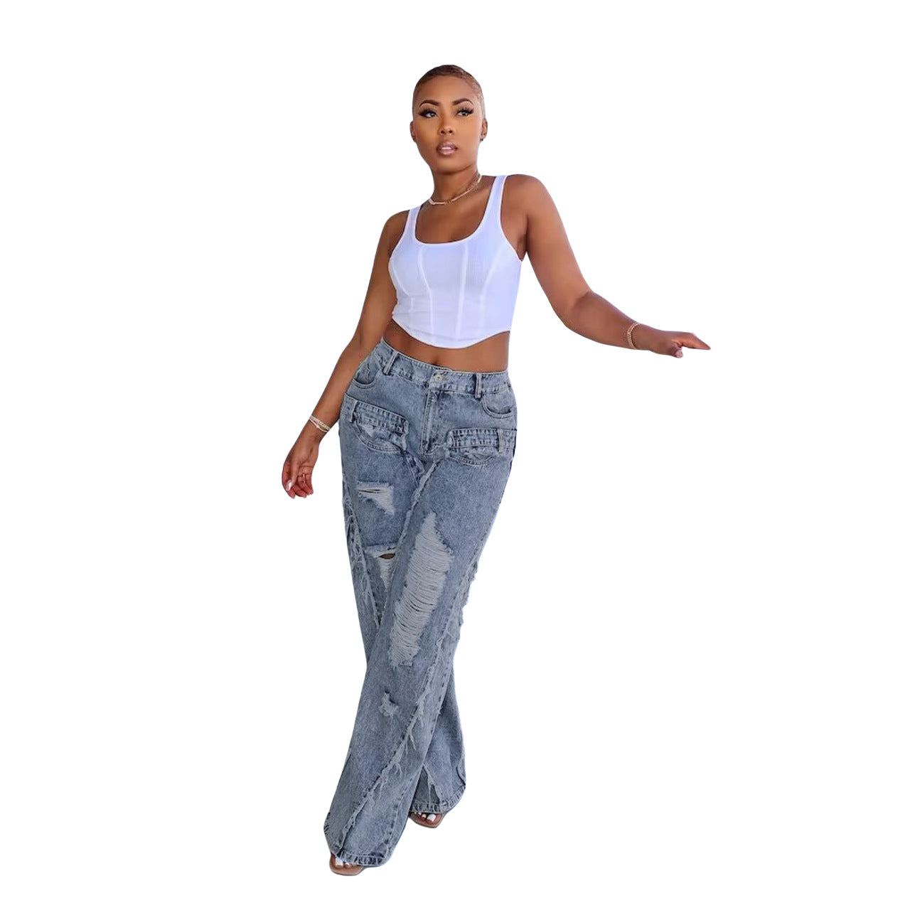 BamBam Women Ripped Casual Denim Straight Pants - BamBam