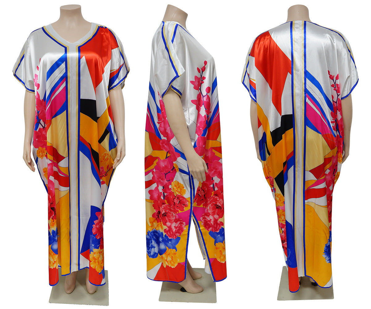 BamBam Fashion Plus Size Women's V Neck Positioning Print Loose Dress - BamBam