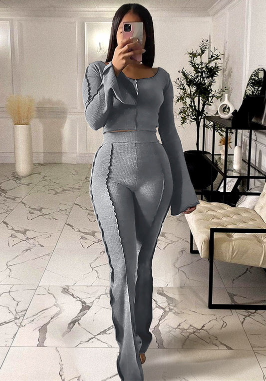 Women Ribbed Long Sleeve Top and Bell Bottom Pants Casual Two Piece Set