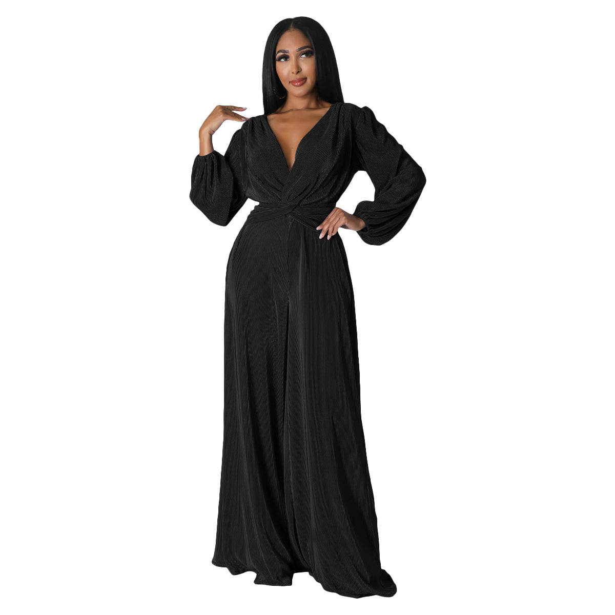 BamBam Women's Clothing Autumn/Winter V-Neck Pleated Long Sleeve Slim Waist Wide-Leg Jumpsuit - BamBam Clothing