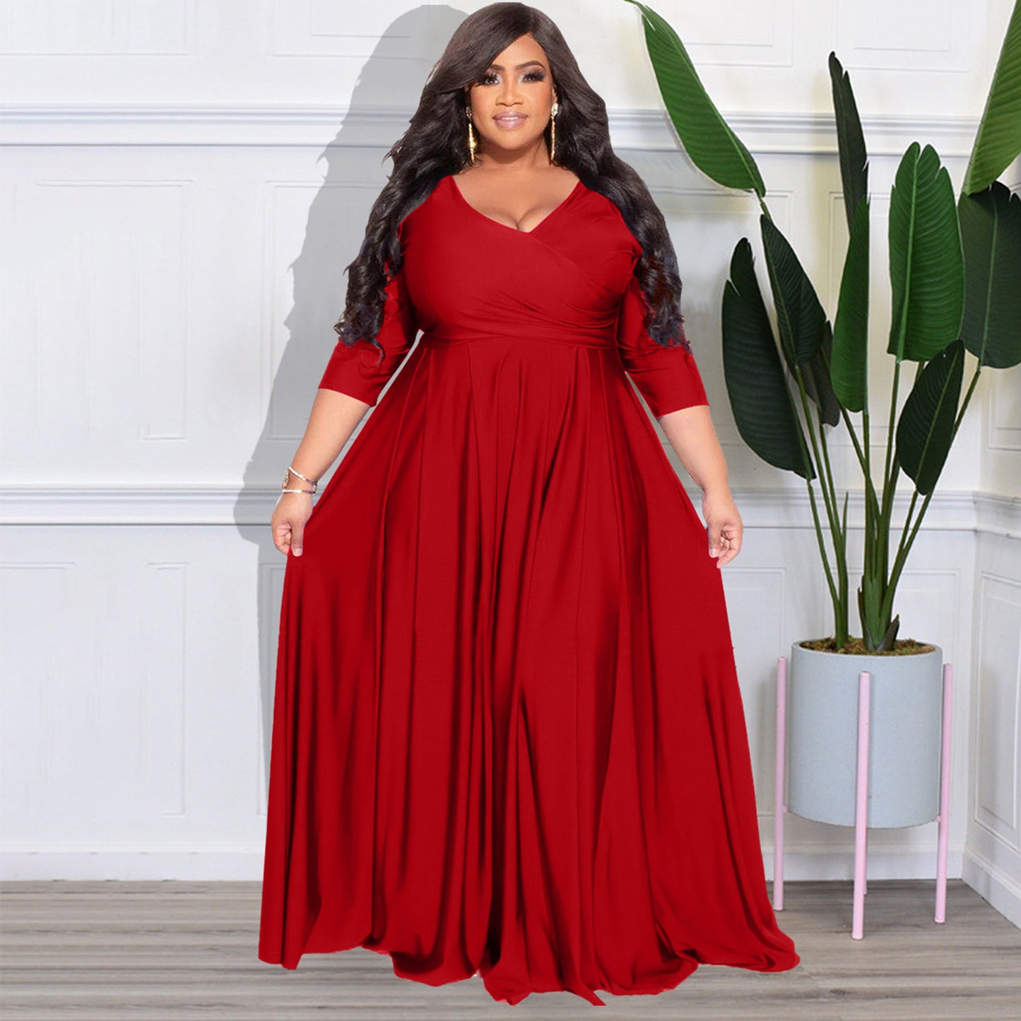 BamBam Plus Size Women's Solid Color V-Neck Sexy Long Dress - BamBam